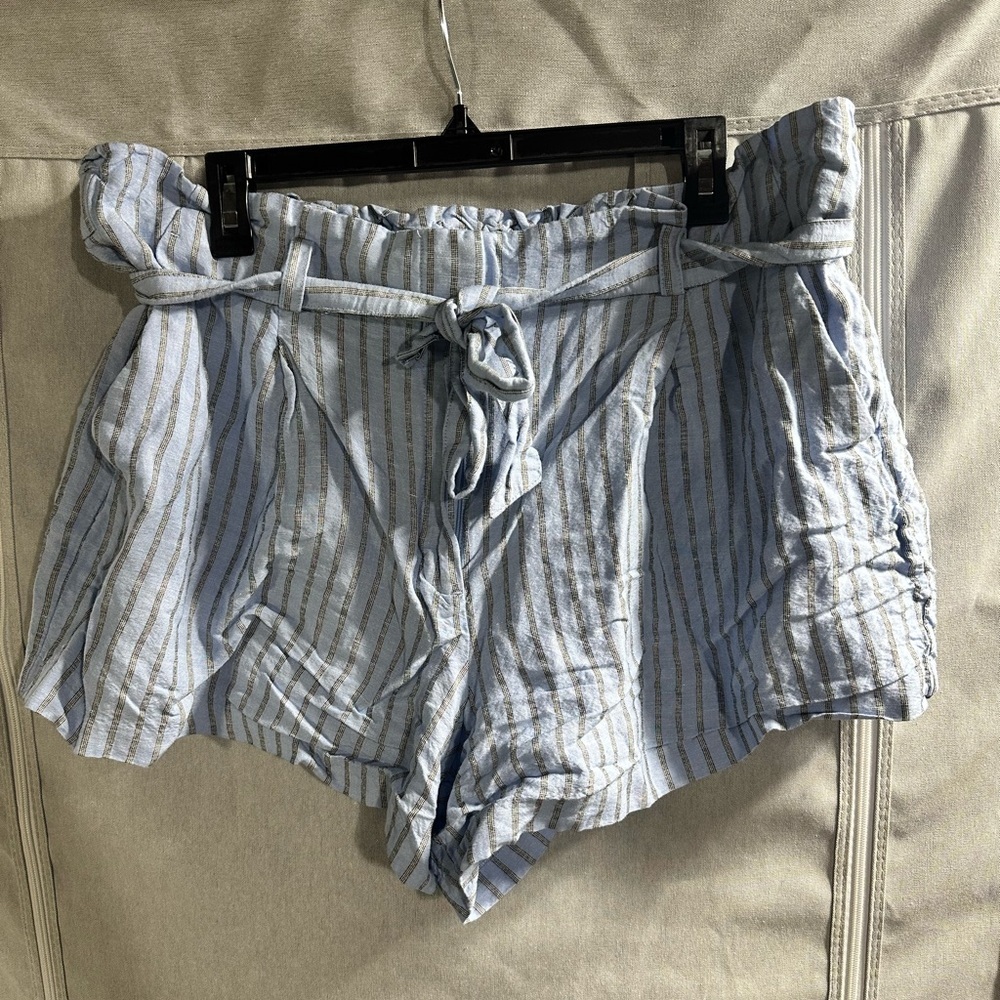 LOFT‎ Paperbag Striped Shorts Blue Black High Waisted Belt Linen Size XL